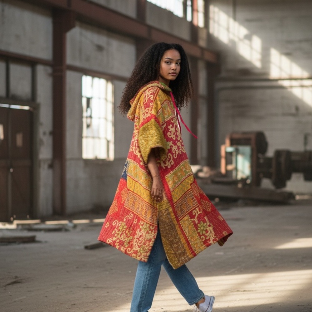 KANTHA Hooded Poncho ITEM 108 BOHO COMFY with pockets, handmade reversible OS - Picture 5 of 9